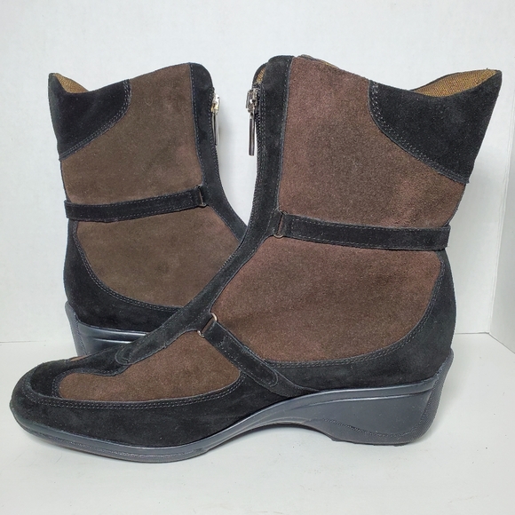 Aquatalia Suede Brown & Black Colorblock Pattern Riding Boots - Picture 3 of 9